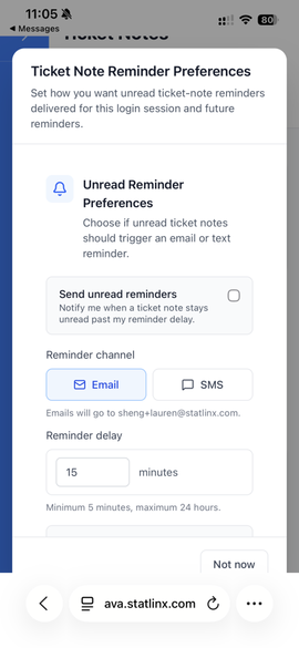 AVA reminder preferences screen