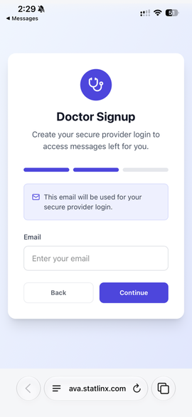 AVA provider sign-up screen with email field