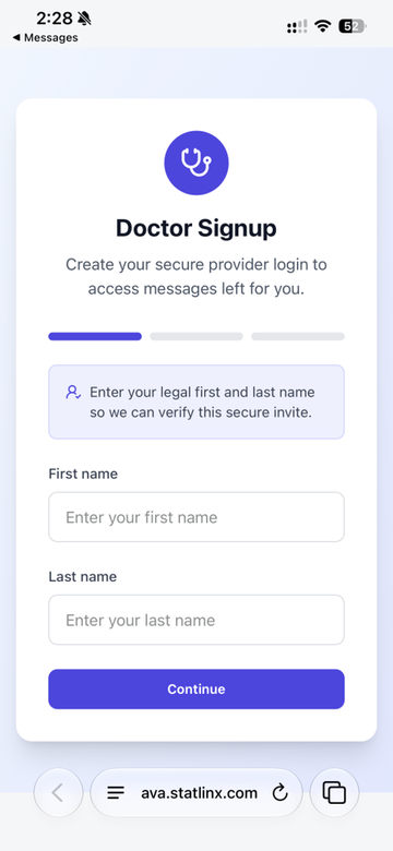 AVA provider sign-up screen with first and last name fields