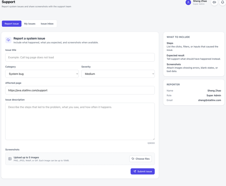 AVA Support page with request form and My Issues tab